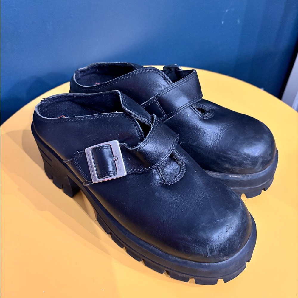 VINTAGE Harley-Davidson Black Leather Slip on Platform Clogs EUC